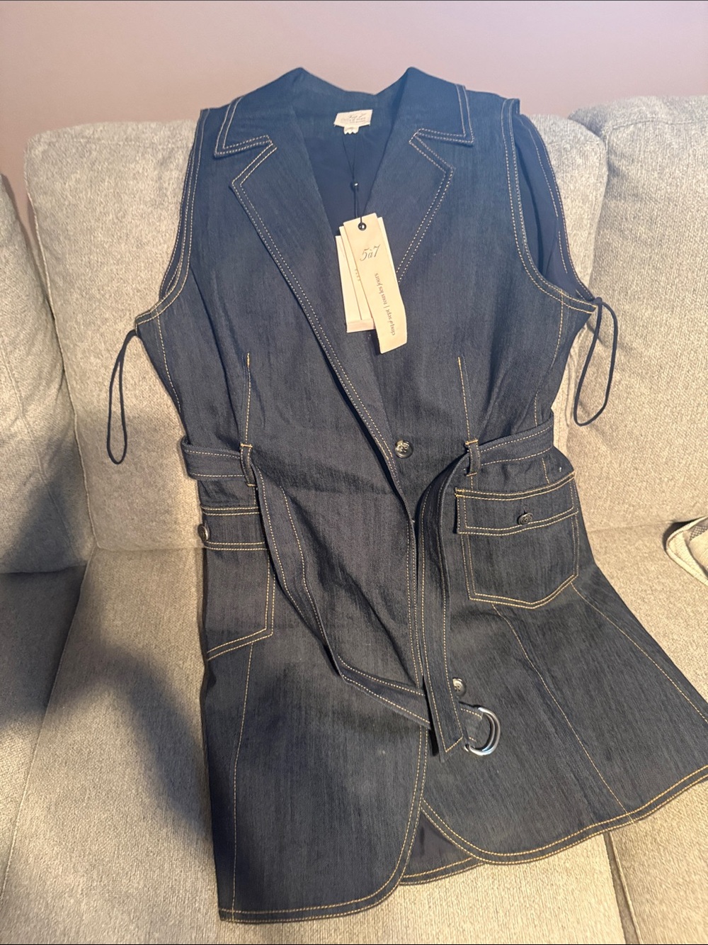 Sleeveless Dark Denim Vest Dress with Contrast Stitching Size 14 New w/tags